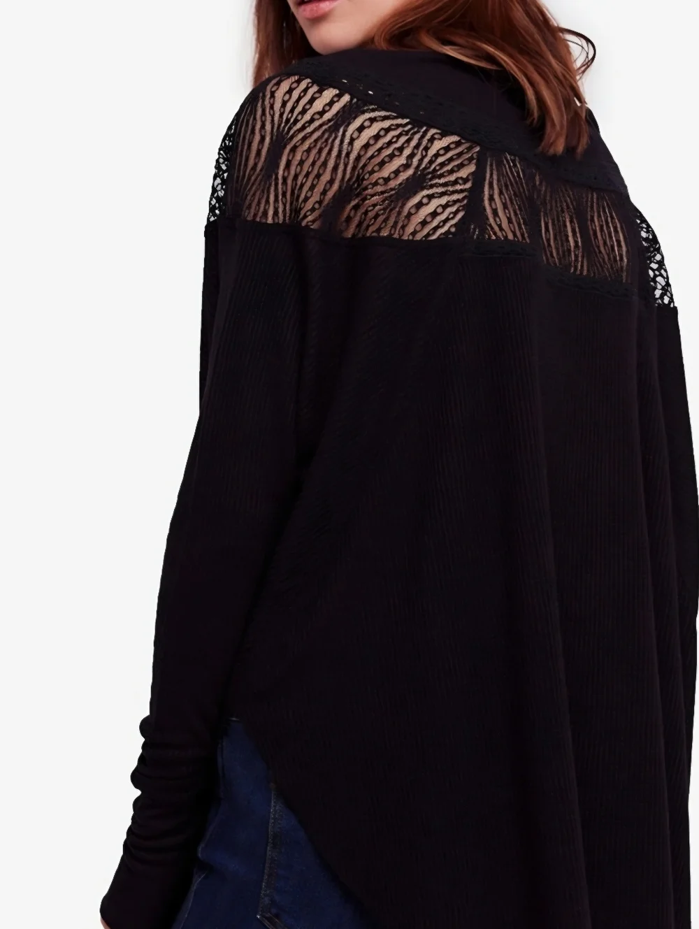 Free People Black Knit Lace Yoke Long-sleeve Top